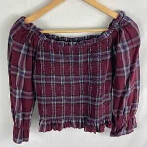 Moon River Plaid Purple Smocked Off Shoulder Crop Top Size Medium